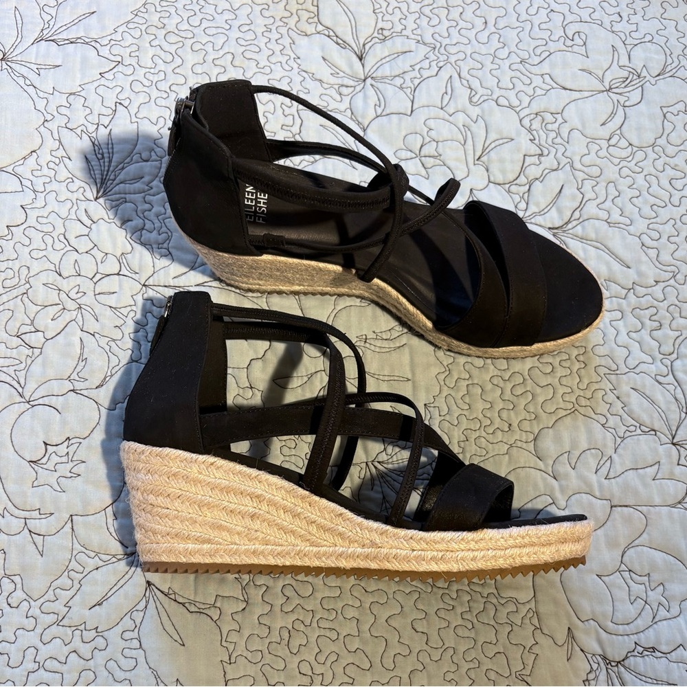 EILEEN FISHER Wanda Black Tumbled Nubuck Espadrille Wedge Sandals NWOB  Sz 9.5